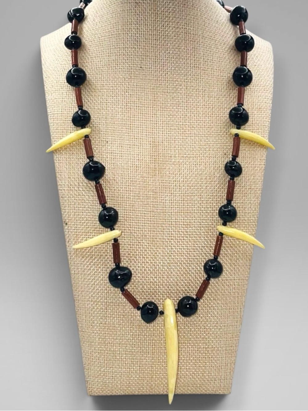 Vintage Tribal Necklace Simulated Tooth & Bead Edgy Statement Resin and Wood
